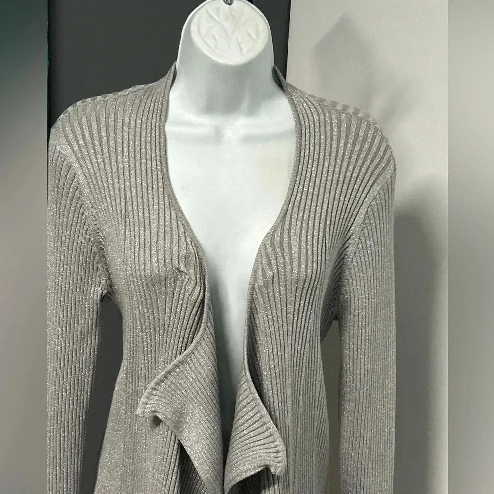 New York & Company Women’s Large‎ Silver Metallic Waterfall Cardigan Sparkle
